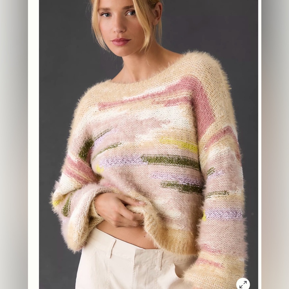 Pilcro Boat-Neck Cropped Sweater ANTHROPOLOGIE Small Fuzzy Rainbow Soft